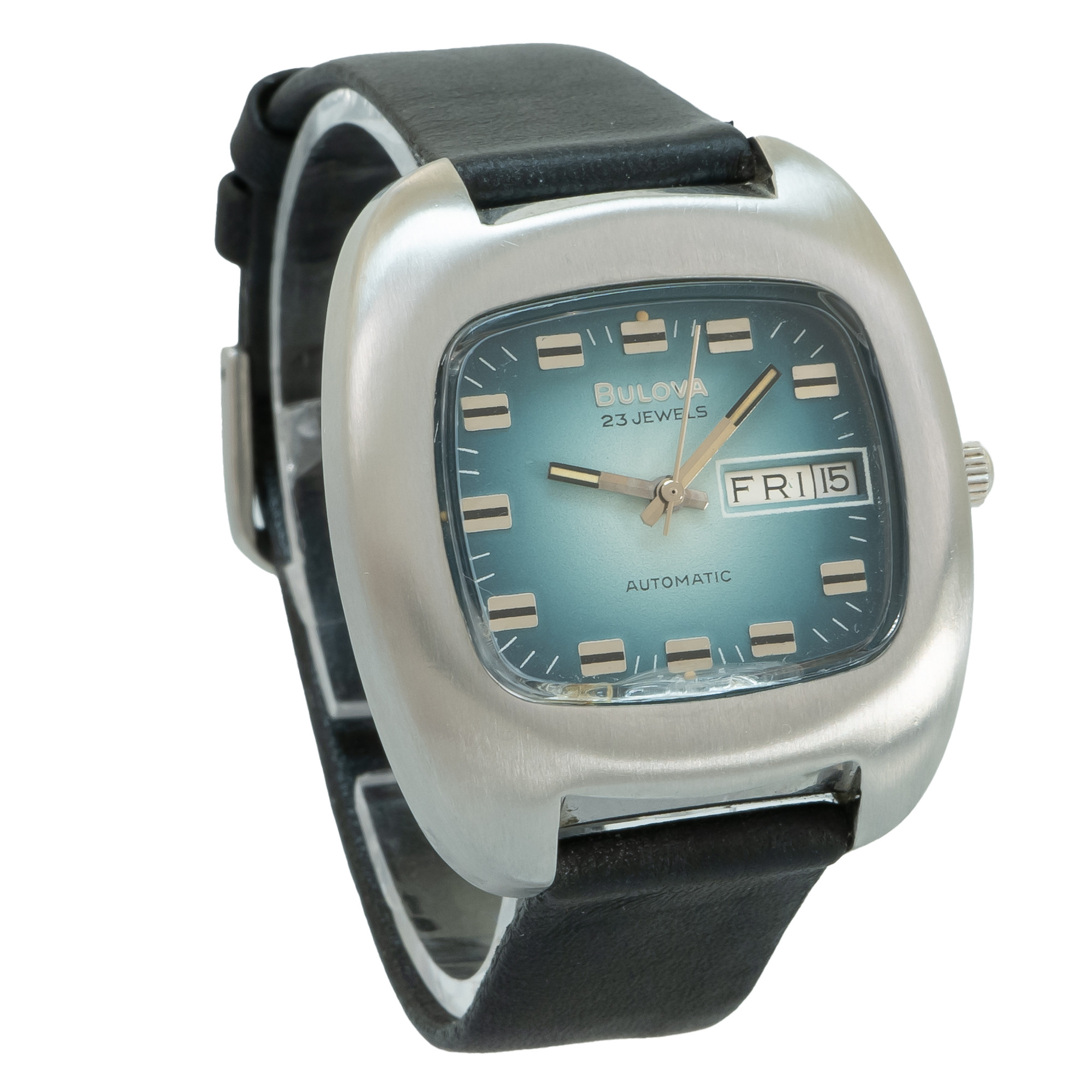 Bulova Cushion Case with Teal Dial Automatic Day Date *Vintage* - Inventory 4048