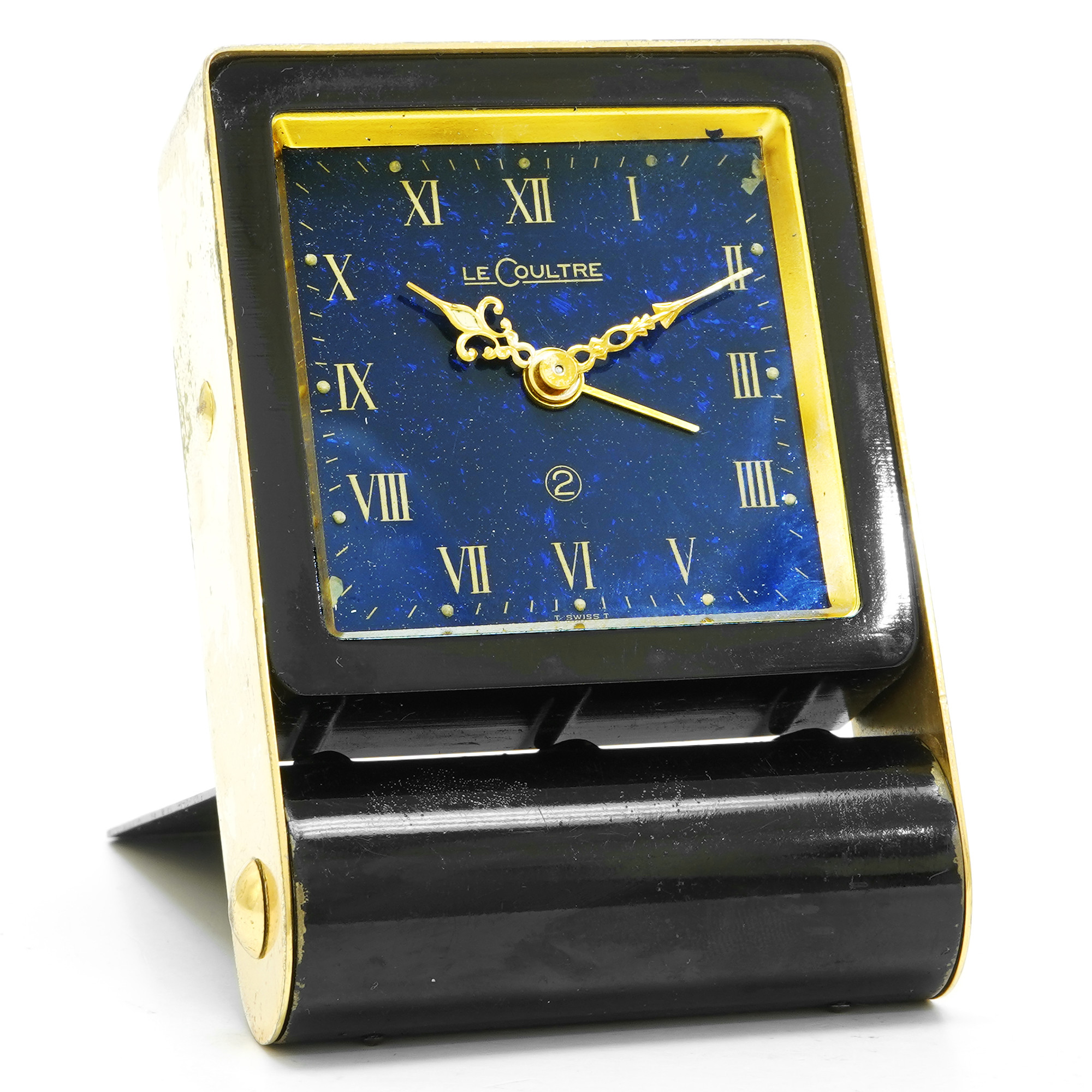 Jaeger LeCoultre Black Folding 2 Days Alarm Clock Blue Dial