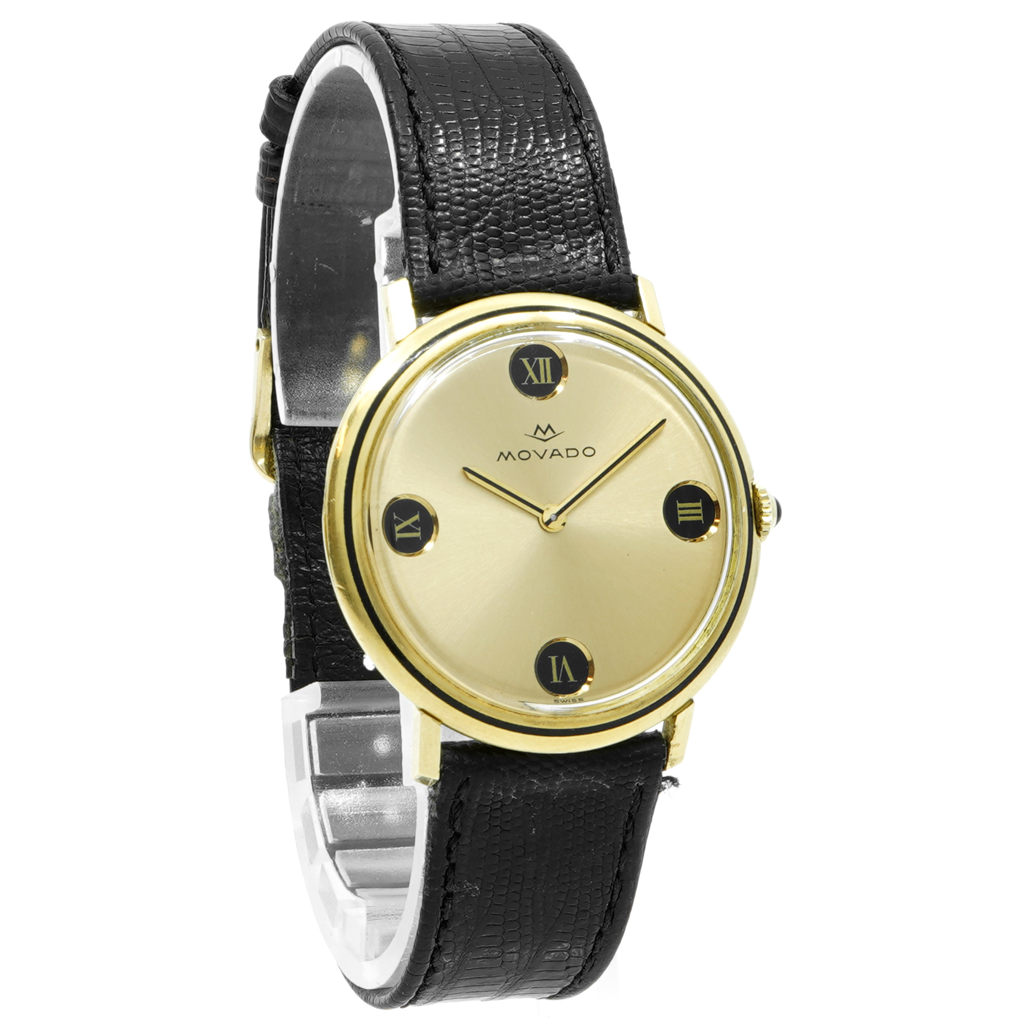 Movado 18k Classic Round With Enameled Inlaid Bezel and Roman Dial