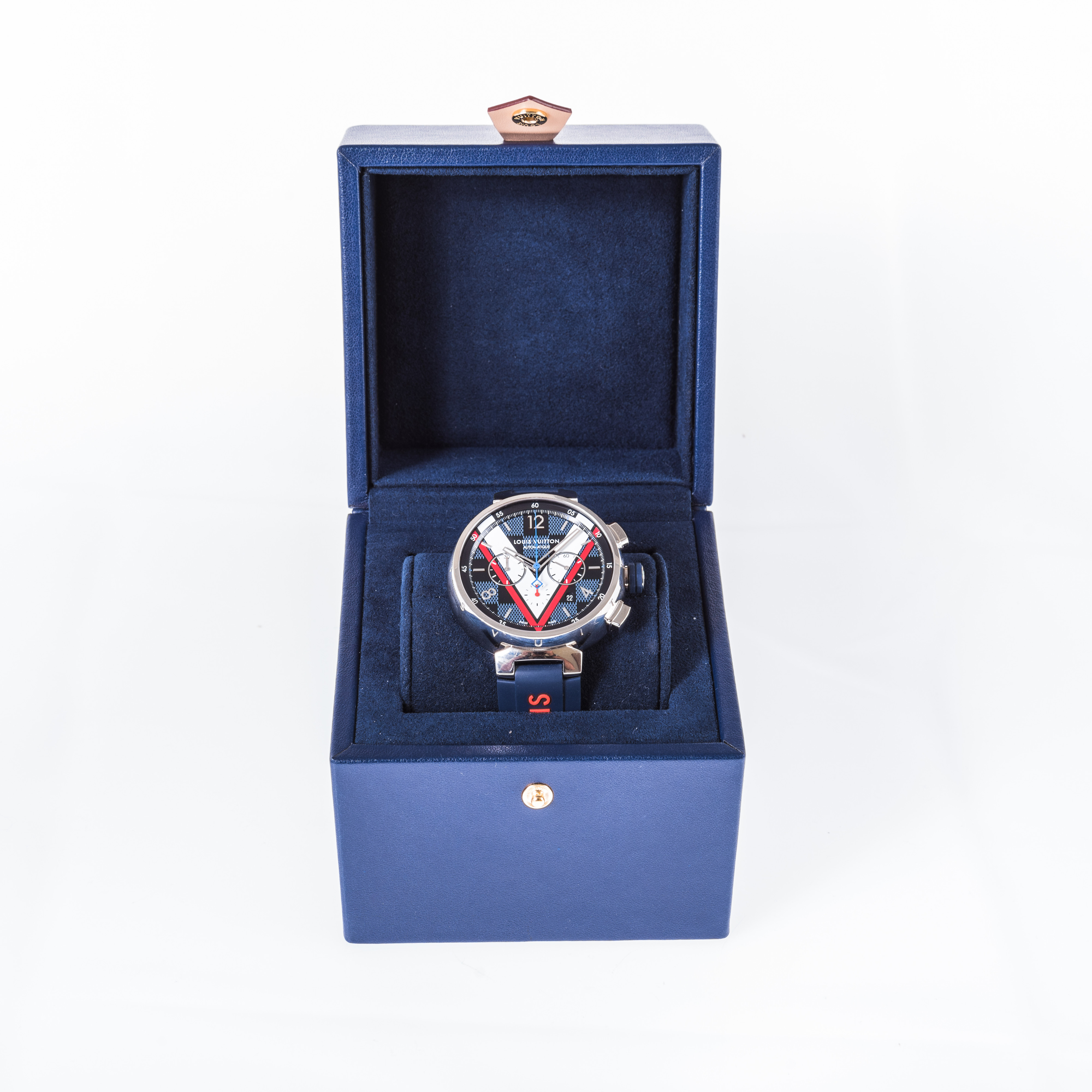 Buy Pre-owned & Brand new Luxury Louis Vuitton Tambour Damier Cobalt Blue &  Gold Chronograph Online