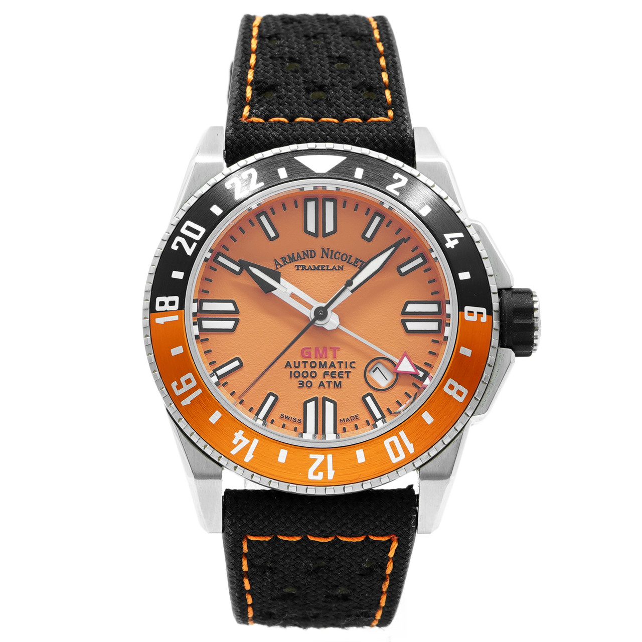 Armand Nicolet Watch JSS GMT Orange - Inventory 8653 Stainless Steel 44mm