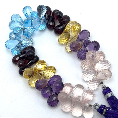 Natural Rose Quartz, Blue Topaz, Garnet, Citrine Amethyst Briolette Faceted Drop Beads | 8x6-12.5x7mm | 58 Pcs 174 Carats | Multi Color VVS Clarity | Semiprecious Gemstone Jewelry Making