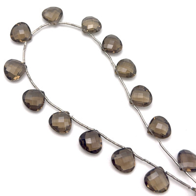 Natural Smoky Quartz | Briolette Facet Cut | Heart Shape | Gemstone Beads | 12mm | Mocha Brown Color | 14 Pcs 63 Carats | 10.25 Inch VVS Clarity | June Birthstone | Jewelry Making Supplies