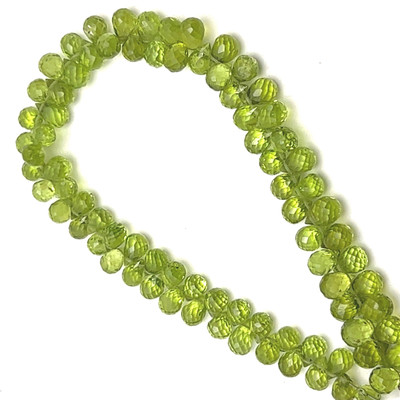 Natural Arizona Peridot Briolette Faceted Drop Beads | 7x5mm | 79 Pcs 90 Carats | Intense Green | VS Clarity | 8 Inch Strand Semiprecious Gemstone Jewelry Making