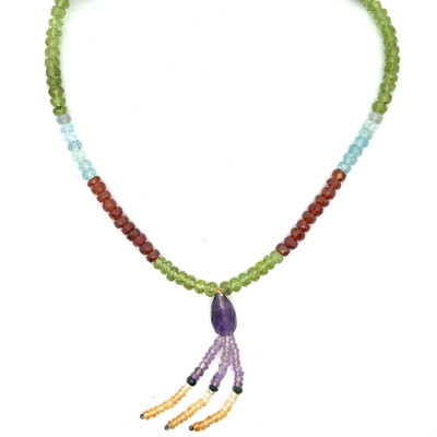 Natural Peridot Garnet Aquamarine Citrine Rondelle Facet Beads with Amethyst Drop Gemstone Necklace