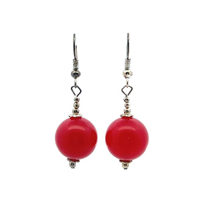 Natural Red Jade 14mm Ball Plain Dangle Gemstone Earrings