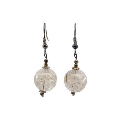 Rutile White Ball Plain 13mm Dangle Gemstone Earrings