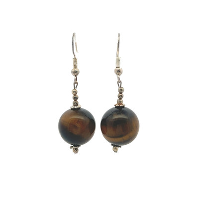 Tiger's Eye Brown Ball Plain 15mm Dangle Gemstone Earrings