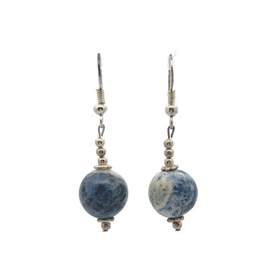 Sodalite Blue White 12mm Ball Plain Dangle Gemstone Earrings