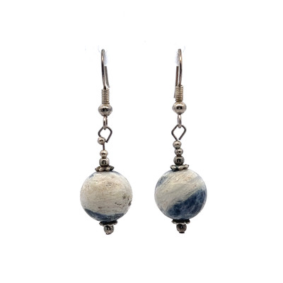 Sodalite Ball Plain Blue White 12mm Dangle Gemstone Earrings