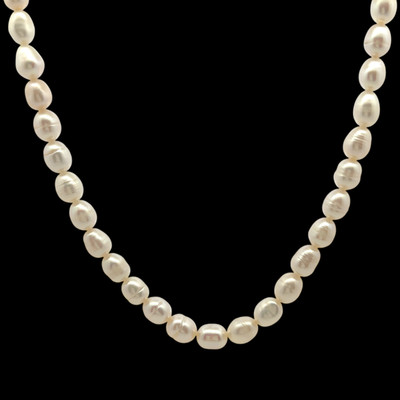 Freshwater Pearl Necklace | 8x6mm Button Shaped Pearls | White | Smooth Plain | Very Good Quality | 15.8” | 50 Pcs | 102 Carats | June Birthstone