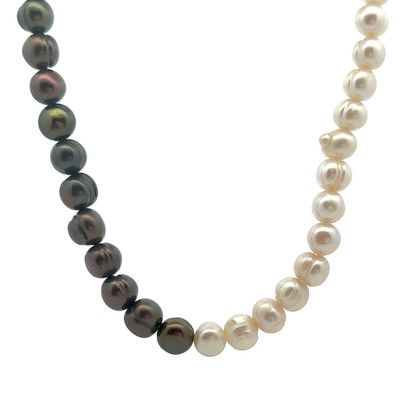 Freshwater Pearl Necklace | Modern Contrast | 8x7mm Ringed | White & Dark Brown | Smooth Plain | 16.7” | 53 Pcs | 162 Carats