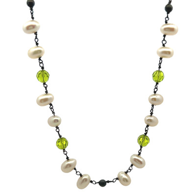 Freshwater Pearl with Peridot Necklace | Elegant Station Style | 17.6” | 28 Pcs | 72 Carats | Everyday Wear