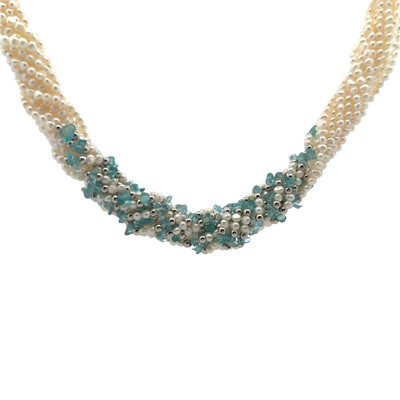 Freshwater Pearl with Blue Topaz Twisted Necklace Smooth Plain Pearl Chips 17.7” | 461 Carats Versatile Jewelry