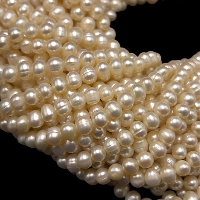 Freshwater Pearl 7x6mm Cream Ringed Button Smooth Cut 15.8" Strand for Jewelry
