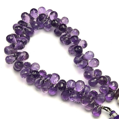 Natural African Amethyst Beads | Briolette Faceted Drop | 11x7,10x7mm | 79 Pcs 239 Carats | Grape Purple | VVS Clarity | 8.75 Inch Loose Strand Gemstone Jewelry Making