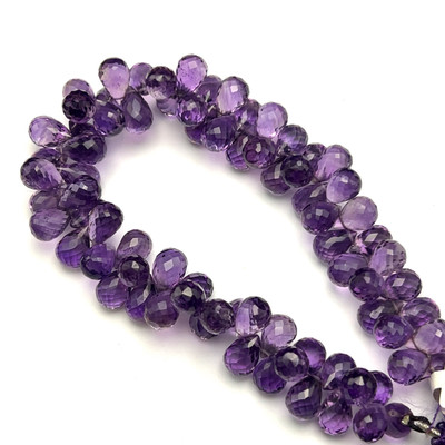 Natural African Amethyst Briolette Faceted Drop Beads | 11x7,10x7mm | 77 Pcs  250 Carats | Grape Purple | VVS Clarity | 8.6 Inch Loose Gemstone Strand