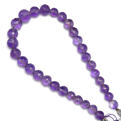 Natural African Amethyst Briolette Faceted Ball Beads | 6.5-9mm | 31 Pcs 82 Carats | Grape Purple | VS Clarity | 8.5 Inch Loose Gemstone Strand