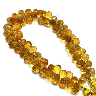 Natural Citrine Gemstone Beads | 9x7-10x7mm Drop Briolette Cut 67 Pcs 164 Carats | Golden Yellow VVS1 Clarity | 8 inch Large Faceted Jewelry Making Strand