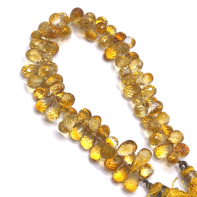 Natural Citrine Gemstone Beads | 8x6–11x6mm Drop Briolette Cut 73 Pcs 134 Carats | Amber Yellow VVS1 Clarity | 7.4 inch Faceted Strand Jewelry Making Loose Supplies