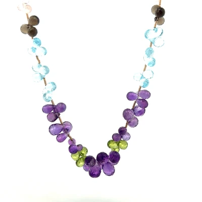 Natuarl Blue Topaz Amethyst Peridot Smoky & Rose Quartz Beads Necklace