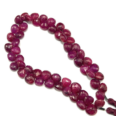 Natural African Ruby Briolette Faceted Heart Beads | 7mm | 56 Pcs 111 Carats | Deep Scarlet Red | VVS Clarity | 8 Inch Precious Gemstone Jewelry Making