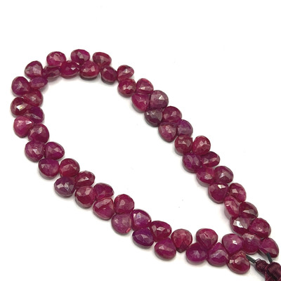 Natural African Ruby Briolette Faceted Heart Beads | 7mm | 59 Pcs 111 Carats | Scarlet Red | VVS Clarity | 8.9 Inch Precious Gemstone Jewelry Making