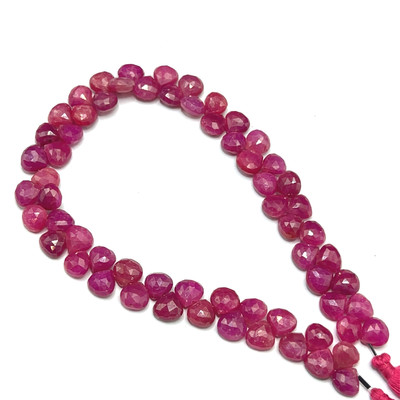 Natural African Ruby Briolette Faceted Heart Beads | 7mm | 63 Pcs 122 Carats | Hot Pink | SI1 Clarity | 9.3 Inch Precious Gemstone Jewelry Making