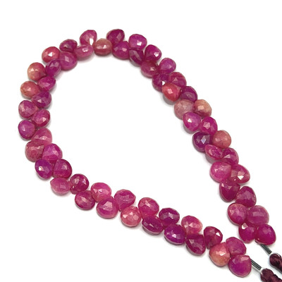 Natural African Ruby Briolette Faceted Heart Beads | 7mm | 63 Pcs 122 Carats | Hot Pink | SI1 Clarity | 9.2 Inch Precious Gemstone Jewelry Making