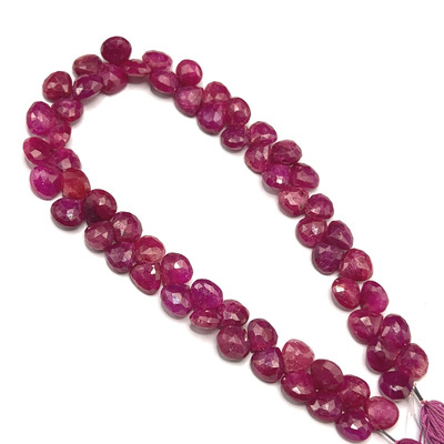 Natural African Ruby Heart Briolette Faceted Beads | 7mm | 61 Pcs 110 Carats | Carmine Red | SI1 Clarity | 8.6 Inch Precious Gemstone for Fine Jewelry Making