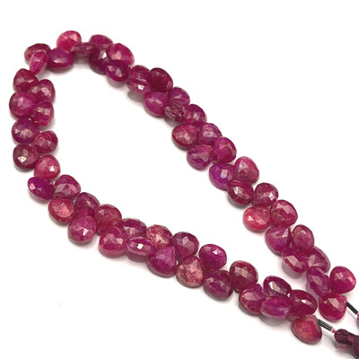 Natural African Ruby Heart Briolette Faceted Beads | 7mm | 62 Pcs 110 Carats | Carmine Red | SI1 Clarity | 8.8 Inch Precious Gemstone for Fine Jewelry Making