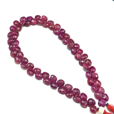 Natural African Ruby Heart Briolette Faceted Beads | 7mm | 70 Pcs 128 Carats | Carmine Red | SI1 Clarity | 10.1 Inch Precious Gemstone for Fine Jewelry Making