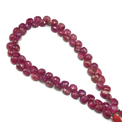 Natural African Ruby Heart Briolette Faceted Beads | 7mm | 67 Pcs 118 Carats | Carmine Red | SI1 Clarity | 10 Inch Precious Gemstone for Fine Jewelry Making
