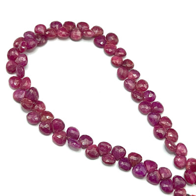 Natural African Ruby Heart Briolette Faceted Beads | 7mm | 69 Pcs 122 Carats | Carmine Red | SI1 Clarity | 10 Inch Precious Gemstone for Fine Jewelry Making