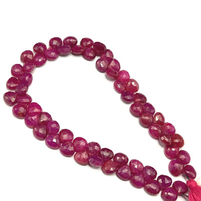 Natural African Ruby | 7mm Heart Briolette Faceted | 63 Pcs 118 Carats | Carmine Red | SI1 Clarity | 9 Inch Gemstone Beads for Jewelry Making