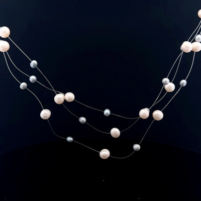 Freshwater Pearl Round & Ovals White Gray Color Elegant Chic Handmade Necklace Jewelry