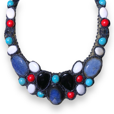 Unique Handmade Choker 20" with Turquoise and Agate Gemstone Necklace