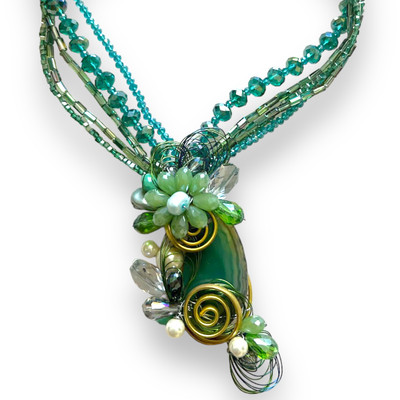 Handmade Matinee 20" Necklace with Green Raw Gem Rock Pendant Pearl Choker