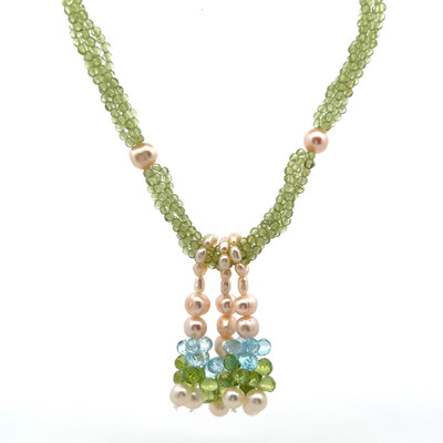 Natural Peridot Pearl Blue Topaz Birthstone Necklace Jewelry For Heart Harmony & Renewal