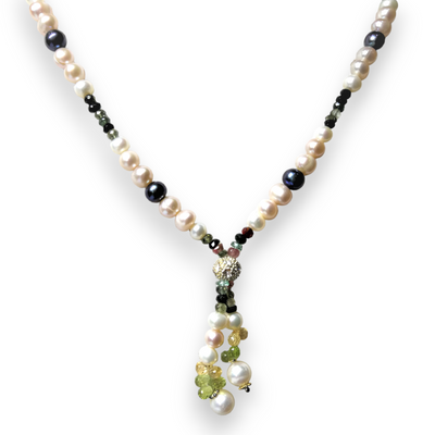 Natural Multi Tourmaline Pearl Peridot Citrine Semiprecious Necklace For Balance, Joy & Prosperity