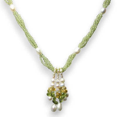 Peridot Citrine Natural Necklace & Plain Pearl 16" Gemstone Jewelry