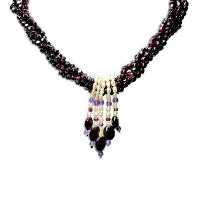 Natural Garnet Amethyst Pearl Birthstone Handmade Necklace For Passion, Stability & Emotional Balance