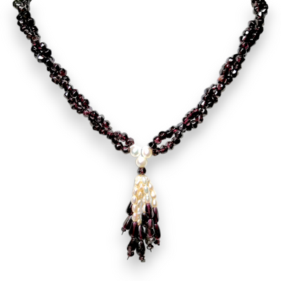 Garnet Natural Rondelle Facet Cut & Pearl Twisted Gemstone Necklace