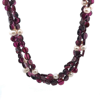 Garnet Natural Button & Pearl Twisted Gemstone Necklace
