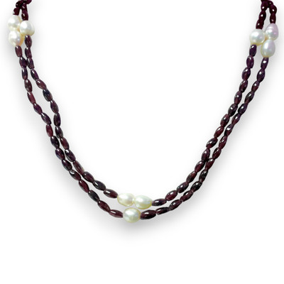 Garnet Natural with Pearl Oval Plain Gemstone Necklace