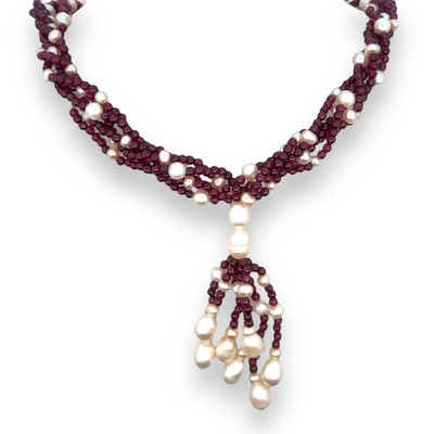 Garnet Natural Plain Ball & Pearl Gemstone Handmade Necklace