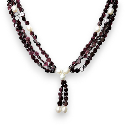Garnet Natural Button 6mm & Plain Pearl Twisted Gemstone Necklace