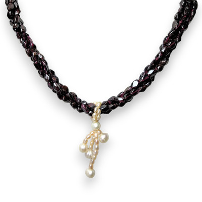 Garnet Natural Chobra & Plain Pearl Twisted Gemstone Necklace