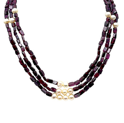 Garnet Natural Chobra 6mm & Pearl Layered Gemstone Necklace