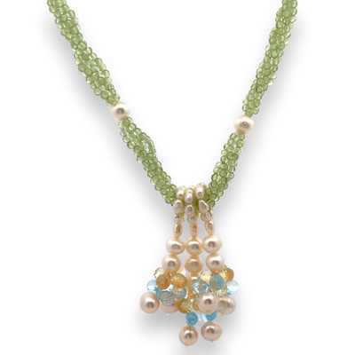 Peridot Natural Blue Topaz Citrine Smooth Pearls Gemstone Necklace